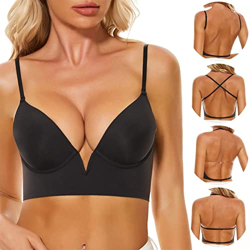 Damen Rückenfreie BHS Push Up Bra Multiway Plunge BH Mit Tiefem U-Ausschnitt und Abnehmbar Träger Multiway Convertible Plunge Bustier Unterwäsche Unsicht BH von Generic