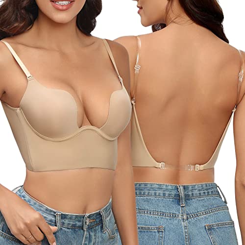 Damen Rückenfreie BHS Push Up Bra Multiway Plunge BH Mit Tiefem U-Ausschnitt und Abnehmbar Träger von Generic