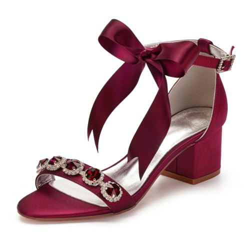 Damen Runde Offene Zehen Sandalen Stämmiger Hoher Absatz Party Hochzeitsschuhe Schleife Knöchelriemen Kleid Schuhe Satin Strass Braut Sandalen,Burgundy,37 EU Damen Runde Offene Zehen Sandalen Stämmiger Hoher Absatz Party Hochzeitsschuhe Schleife Knöchelriemen Kleid Schuhe Satin Strass Braut Sandalen,Burgundy,37 EU von FQMAYPO