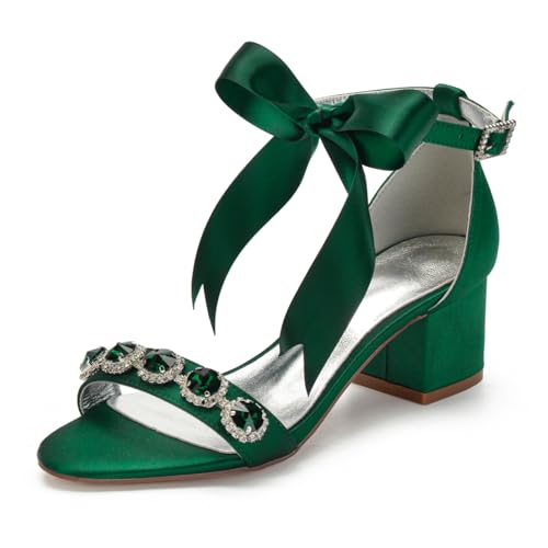 Damen Runde Offene Zehen Sandalen Stämmiger Hoher Absatz Party Hochzeitsschuhe Schleife Knöchelriemen Kleid Schuhe Satin Strass Braut Sandalen,Dark Green,43 EU Damen Runde Offene Zehen Sandalen Stämmiger Hoher Absatz Party Hochzeitsschuhe Schleife Knöchelriemen Kleid Schuhe Satin Strass Braut Sandalen,Dark Green,43 EU von FQMAYPO