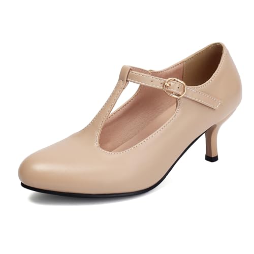 Damen Runde Zehe PU Leder Formale Schuhe T-Riemen Kleid Pumps Mit Schnalle Mittlerer Kätzchen Ferse Freizeitschuhe,Apricot,38.5 EU von smlekwc