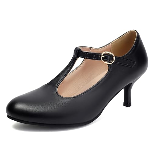 Damen Runde Zehe PU Leder Formale Schuhe T-Riemen Kleid Pumps Mit Schnalle Mittlerer Kätzchen Ferse Freizeitschuhe,Schwarz,38.5 EU von smlekwc