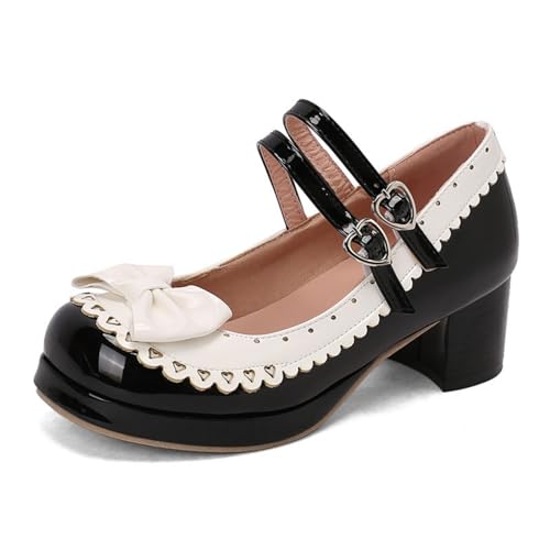 Damen Runde Zehen Lackleder Lolita-Schuhe Mit Schleife Mittlerer Stämmiger Ferse Plateau-Pumps Knöchelriemen Mary Janes Mit Schnalle,Schwarz,38 EU von smlekwc