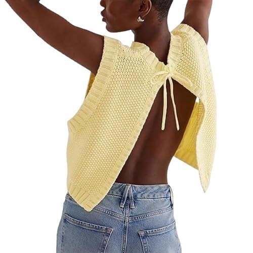 Damen Rundhalspullover Tanktop Ärmellose Weste for Binden Rundhals Übergroße Pullover Tanktop Rückenfrei Schlitz Strick Crop Tops(Yellow,S) von Generic