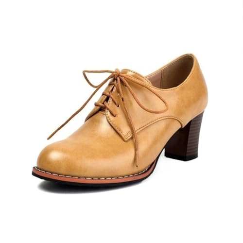 Damen Rundspitze Leder Oxford Schuhe Vintage Schnürschuhe Brogues Mittelstark Chunky Heel Kleid Schuhe Bequeme Arbeit Büro Freizeitschuhe,Camel,43 EU von Generic