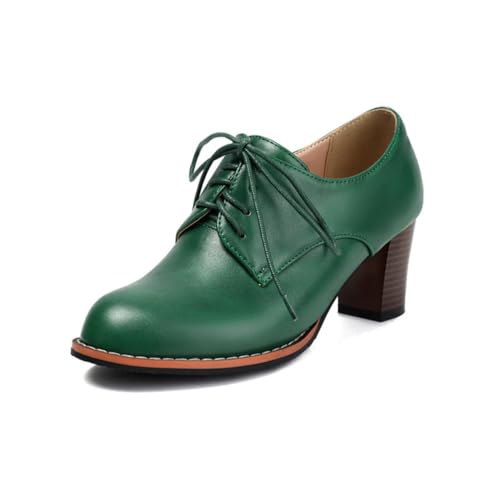 Damen Rundspitze Leder Oxford Schuhe Vintage Schnürschuhe Brogues Mittelstark Chunky Heel Kleid Schuhe Bequeme Arbeit Büro Freizeitschuhe,Grün,43 EU von Generic