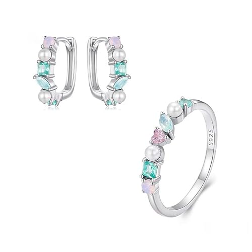 Damen S925 Reines Silber Galvanisiertes Platin Einfaches eingelegtes buntes Zirkon Ring Ohrringe Zweiteiliges Set von Generic