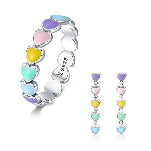 Damen S925 Reines Silber Platin Kreative Regenbogen Farbe Tropf Öl Handwerk Herz Ohrringe Ring Set von Generic