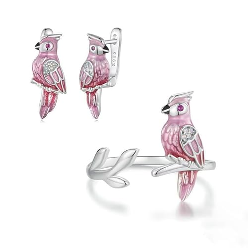Damen S925 Reinsilber Platin Kreatives rosa Tropföl-Design Papageiförmiger Zirkon Ohrring Ring Set von Generic