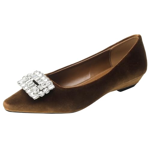 Damen Samt Ballerinas - Kristall-Schnalle & Spitze, Schlupfmodell für Büro & formelle Anlässe,Braun,35 EU von Generic