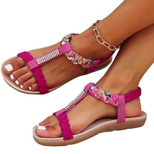 Damen Sandalen Bequem, Fußbett Sandalen Bequeme große Slip-On-Sandalen mit flacher Sohle, Sommersandalen elastischer Passform, Innenmaterial aus Polyurethan(Red,41) von Generic