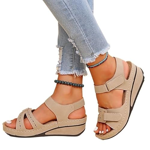 Damen Sandalen Bequem, Fußbett Sandalen Sommer Frauen Schuhe Sandalen Weiche Frau Party for Wanderschuhe Strand Sandale Weibliche(Beige,38) von Generic