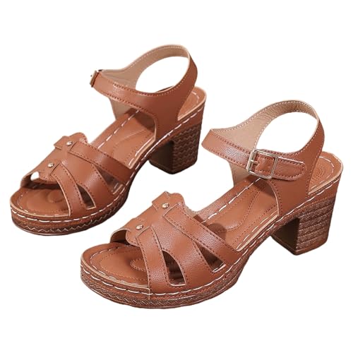 Damen Sandalen Bequem Flach Sandaletten Weichen Sohlen Plattform Sommerschuhe Mädchen Strandschuhe Mit Absatz 𝐒ommer Dicker High Heel Riemchen Schuhe Plateau Abendschuhe (Brown, 39) von Generic
