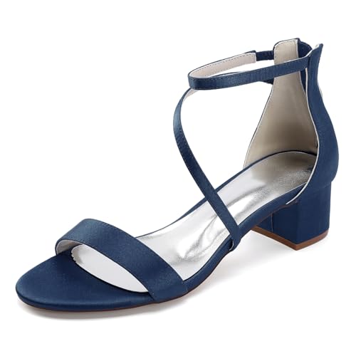 Damen Sandalen Bridal Hochzeitsschuhe Low Heels Peeptoes Bridal Chunky Heel 4.5Cmblockabsatz Party Kleid Pumps,Dark Blue,38 EU von Generic