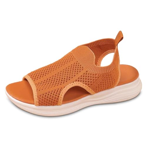 Damen Sandalen Flach Sohle Atmungsaktiv Mesh Freizeit Sommerschuhe Bequem Leicht Outdoor Strand Urlaub (Orange, 36) von Generic