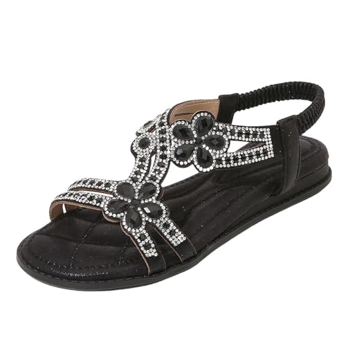 Damen Sandalen Gold Glitzer, Sandaletten Damen Flach Orthopädische Elegant Outdoor Römersandalen Weiche Damensandalen Gummiband Slingback Strandschuhe Strass Böhmischer Sommerschuhe Frauen von Generic