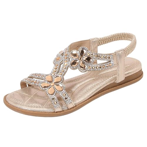 Damen Sandalen Gold Glitzer, Sandaletten Damen Flach Orthopädische Elegant Outdoor Römersandalen Weiche Damensandalen Gummiband Slingback Strandschuhe Strass Böhmischer Sommerschuhe Frauen von Generic