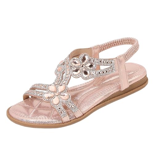 Damen Sandalen Gold Glitzer, Sandaletten Damen Flach Orthopädische Elegant Outdoor Römersandalen Weiche Damensandalen Gummiband Slingback Strandschuhe Strass Böhmischer Sommerschuhe Frauen von Generic