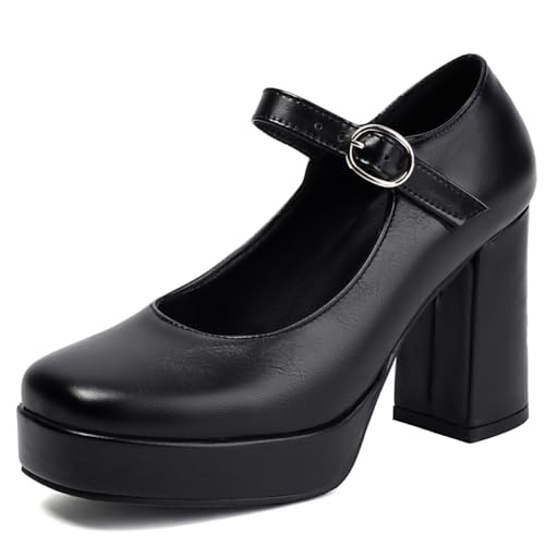 Damen Sandalen - Mary Jane Schuhe mit Blockabsatz Plateau und Knöchelriemen, Bequeme PU-Leder Pumps für Büro und Alltag,Schwarz,42 EU von Qynthra