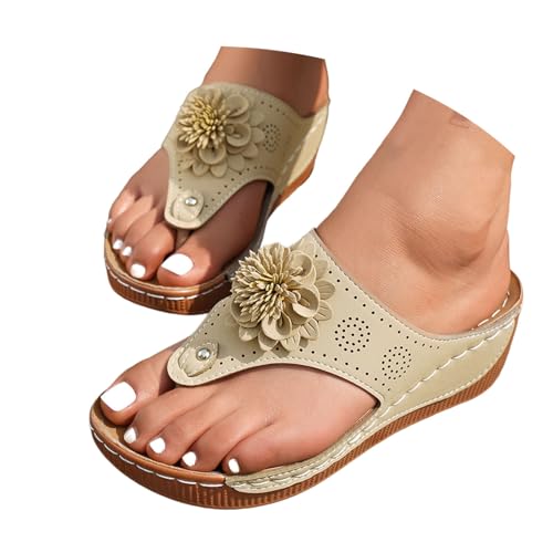 Damen Sandalen Plateau Keilabsatz Ledersandalen Slip On Sommer Flip Flops Pantoletten Bohemian Weiches Fußbett Orthopädische Bequeme Lässige Weiches Sommerschuhe Wasserdicht von Generic