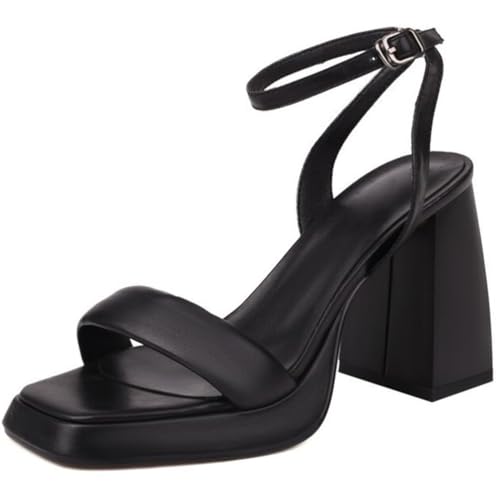 Damen Sandalen Platform Blockabsatz eckig Sommer Abend atmungsaktiv microfaser weit,Schwarz,39 EU von Qynthra