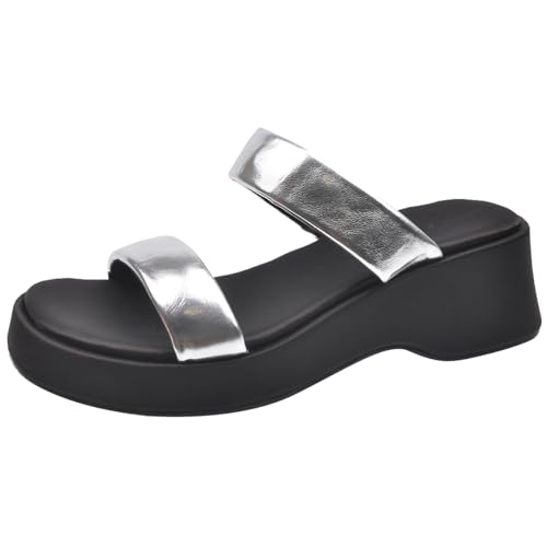 Damen-Sandalen in Weitenbreite mit Plateau, 6cm Keilabsatz und 3cm Plateau, Extra Breite Zehenbox - Schwarz/Silber für Breite Füße,Silber,38 EU von Generic