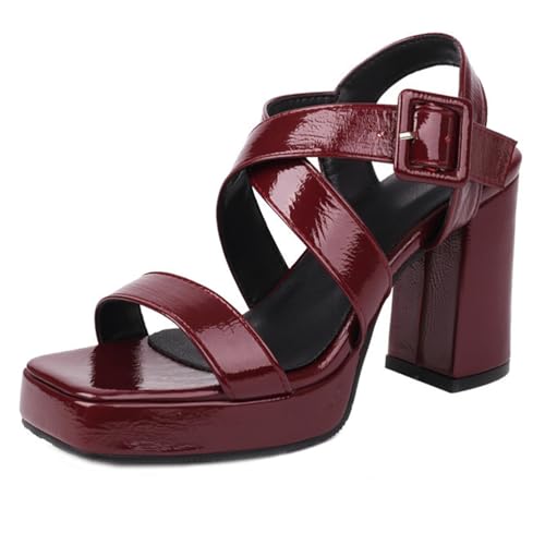 Damen Sandalen mit Absatz Chunky Heel Schnallenverschluss Plateaukleid mit quadratischer Zehenpartie Komfortsandalen für Abend- und Sommerausflüge,Burgundy,35 EU von MiaZane