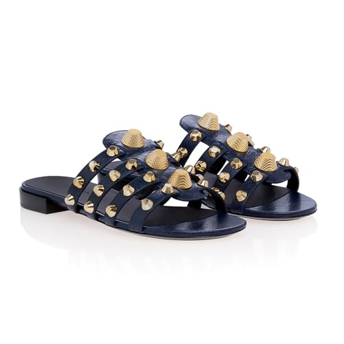 Damen-Sandalen mit Nieten modische Slipper mit Metallnieten rund offene Zehenpartie Flacher Slingback Sommer Outdoor Strand Urlaub Alltag Pantoletten,Blau,38 EU Damen-Sandalen mit Nieten modische Slipper mit Metallnieten rund offene Zehenpartie Flacher Slingback Sommer Outdoor Strand Urlaub Alltag Pantoletten,Blau,38 EU von Generic