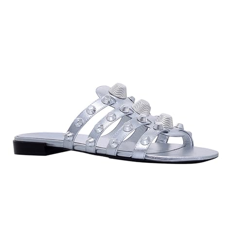Damen-Sandalen mit Nieten modische Slipper mit Metallnieten rund offene Zehenpartie Flacher Slingback Sommer Outdoor Strand Urlaub Alltag Pantoletten,Silber,37 EU Damen-Sandalen mit Nieten modische Slipper mit Metallnieten rund offene Zehenpartie Flacher Slingback Sommer Outdoor Strand Urlaub Alltag Pantoletten,Silber,37 EU von Generic