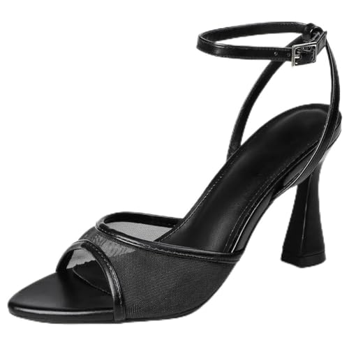 Damen-Sandalen mit Spitzer Zehe und Mesh-Einsatz sowie Knöchelriemen, 8cm Trichterabsatz - Schwarz und Weiß,Schwarz,36 EU Damen-Sandalen mit Spitzer Zehe und Mesh-Einsatz sowie Knöchelriemen, 8cm Trichterabsatz - Schwarz und Weiß,Schwarz,36 EU von Generic