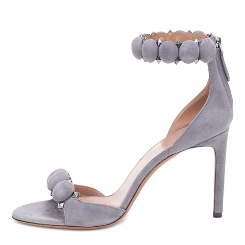 Damen Sandalen mit Süßen Pompons und Nieten Stiletto-Absatz Modisch Peep-Toe Knöchelriemen Große High Heels Sexy Bequem Schuhe für Formelle Abende Abschlussbälle Partys,Grau,37 EU von Generic