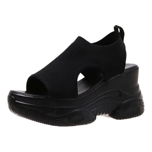 Damen Sandalen mit dicker Sohle atmungsaktives Mesh Obermaterial bequeme Fischmaul-Design leichter Schrägabsatz für Sport Freizeit trendige Sommerschuhe für Frauen (Black, 37) von Generic
