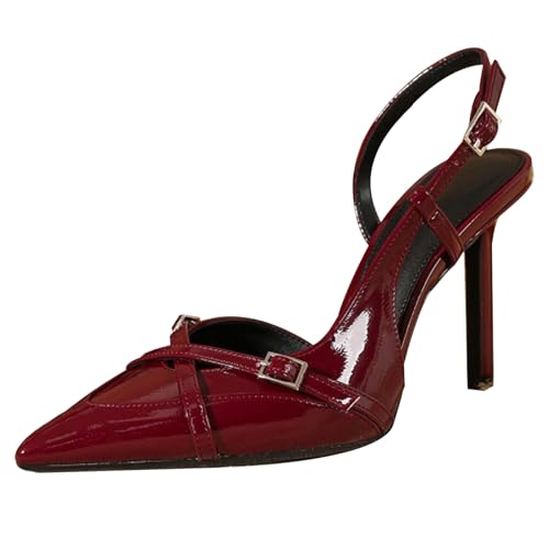 Damen-Sandaletten Mit Spitzer Zehe Und Slingback, 9.5cm Stilettoabsatz Mit Dekorativer Zehenschließe, Lack-Obermaterial - Für Büro & Abendgarderobe,Burgundy,41 EU von Generic