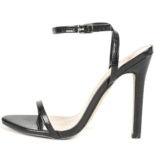 Damen-Sandaletten aus Strukturiertem PU mit Knöchelriemen, 11cm Stilettoabsatz - Schwarz/Gold/Silber Partyschuhe,Schwarz,39 EU von Generic
