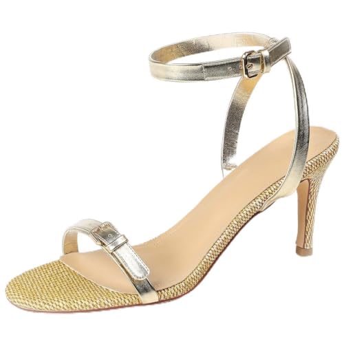 Damen-Sandaletten in Goldton mit Gewebten Riemen und Runder Zehe, 7cm Stilettoabsatz - Strukturierter Satin-Finish,Golden,38.5 EU von Generic