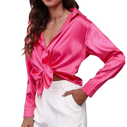 Damen Satin Blusen Hemdbluse Hemd Basic Elegant OL Work Langarm Formelle Hemden Tunika Bluse mit Knöpfen (Hot Pink, S) von Generic
