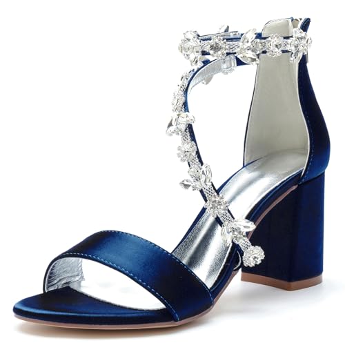 Damen Satin Brautschuhe Mit Reißverschluss Hinten Hoher Stämmiger Ferse Hochzeit Pumps Mit Strass Offene Zehe Partei Abschlussball Kleid Sandalen,Marine,41 EU Damen Satin Brautschuhe Mit Reißverschluss Hinten Hoher Stämmiger Ferse Hochzeit Pumps Mit Strass Offene Zehe Partei Abschlussball Kleid Sandalen,Marine,41 EU von Generic