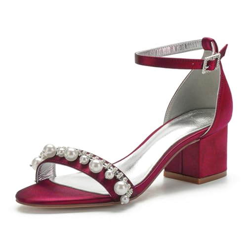 Damen Satin Offene Spitze Brautschuhe Stämmiger Hoher Absatz Abend Party Hochzeitsschuhe Knöchelriemen Pumps Strass Perlen Kleid Sandalen,Burgundy,41 EU von FQMAYPO