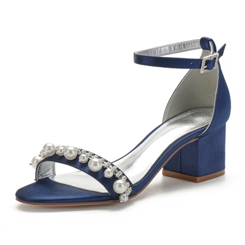 Damen Satin Offene Spitze Brautschuhe Stämmiger Hoher Absatz Abend Party Hochzeitsschuhe Knöchelriemen Pumps Strass Perlen Kleid Sandalen,Dark Blue,36 EU Damen Satin Offene Spitze Brautschuhe Stämmiger Hoher Absatz Abend Party Hochzeitsschuhe Knöchelriemen Pumps Strass Perlen Kleid Sandalen,Dark Blue,36 EU von FQMAYPO