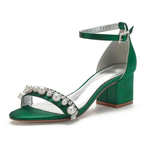 Damen Satin Offene Spitze Brautschuhe Stämmiger Hoher Absatz Abend Party Hochzeitsschuhe Knöchelriemen Pumps Strass Perlen Kleid Sandalen,Dark Green,38 EU Damen Satin Offene Spitze Brautschuhe Stämmiger Hoher Absatz Abend Party Hochzeitsschuhe Knöchelriemen Pumps Strass Perlen Kleid Sandalen,Dark Green,38 EU von FQMAYPO