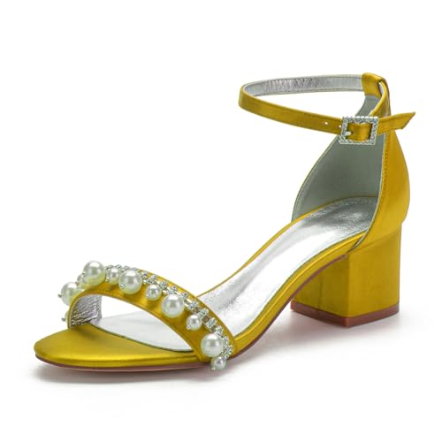 Damen Satin Offene Spitze Brautschuhe Stämmiger Hoher Absatz Abend Party Hochzeitsschuhe Knöchelriemen Pumps Strass Perlen Kleid Sandalen,Gelb,41 EU von FQMAYPO