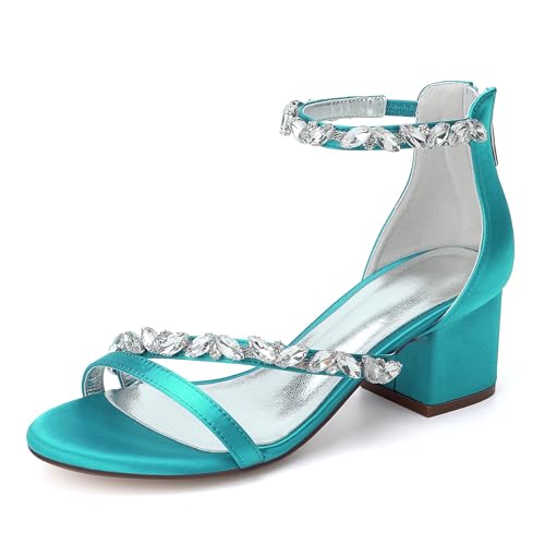 Damen Satin Offene Zehen Strass Hochzeitssandalen mit 5,5CM Blockabsatz, Brautparty Kleiderschuhe mit Rückenzipper,Turquoise,43 EU Damen Satin Offene Zehen Strass Hochzeitssandalen mit 5,5CM Blockabsatz, Brautparty Kleiderschuhe mit Rückenzipper,Turquoise,43 EU von Generic