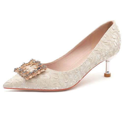 Damen Satin Pumps Hofstil Mit Spitzer Spitze Kitten Absatz Strass Verzierungen Atmungsaktive Schuhspitze Für Büro Und Alltag,Apricot,39 EU Damen Satin Pumps Hofstil Mit Spitzer Spitze Kitten Absatz Strass Verzierungen Atmungsaktive Schuhspitze Für Büro Und Alltag,Apricot,39 EU von Qynthra