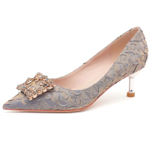 Damen Satin Pumps Hofstil Mit Spitzer Spitze Kitten Absatz Strass Verzierungen Atmungsaktive Schuhspitze Für Büro Und Alltag,Blau,38 EU von Qynthra