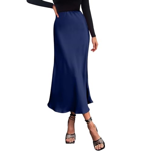 Damen Satin Rock Lang Hohe Taille Skirt Elegant Seide Midirock Herbst Winter Midi Business Rock A Linie Bleistiftrock Dark Blue Dunkelblau L von Generic