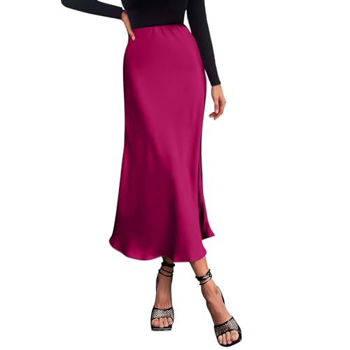 Damen Satin Rock Lang Hohe Taille Skirt Elegant Seide Midirock Herbst Winter Midi Business Rock A Linie Bleistiftrock Hot Pink Heißrosa L von Generic