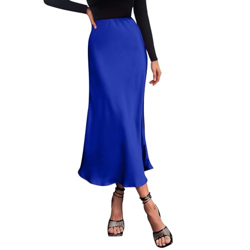 Damen Satin Rock Lang Hohe Taille Skirt Elegant Seide Midirock Herbst Winter Midi Business Rock A Linie Bleistiftrock Royal Blue Königsblau L von Generic