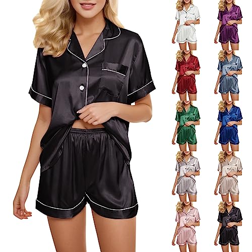 Damen Satin Schlafanzug Kurzarm Satin Pyjama Set mit Knopfleiste Zweiteiliger Hausanzug von Generic