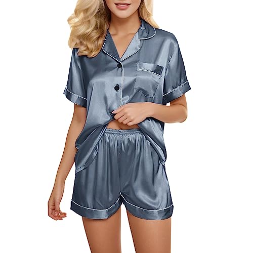 Damen Satin Schlafanzug Kurzarm Satin Pyjama Set mit Knopfleiste Zweiteiliger Hausanzug von Generic