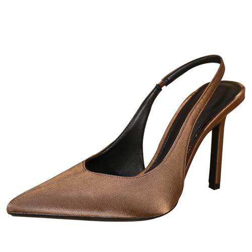 Damen-Satin-Slingback-Pumps, Spitze Zehen, 9cm Stilettoabsatz - Bronze,Bronze,39 EU Damen-Satin-Slingback-Pumps, Spitze Zehen, 9cm Stilettoabsatz - Bronze,Bronze,39 EU von Generic